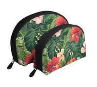 Lot de 2 trousses de maquillage noires et blanches avec imprimé à rayures - Trousse de toilette pour le rangement quotidien et l'organisation de voyage, Feuilles végétales avec fleurs d'hibiscus, One