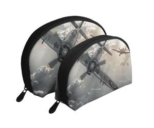 Lot de 2 trousses de maquillage noires et blanches avec imprimé à rayures - Trousse de toilette pour le rangement quotidien et l'organisation de voyage, Avion de la Seconde Guerre Mondiale, One Size