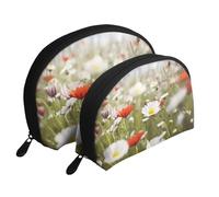 Lot de 2 trousses de maquillage portables avec fermeture éclair pour cosmétiques Motif paysage de coucher de soleil, Fleurs de prairie et marguerites, Taille unique