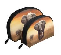 Lot de 2 trousses de maquillage portables avec fermeture éclair pour cosmétiques Motif paysage de coucher de soleil, Éléphant sauvage mignon, Taille unique