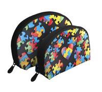 Lot de 2 trousses de maquillage portables pour la sensibilisation à l'autisme, pièces de puzzle, motif cœur, sac de rangement pour femmes et filles, blanc, Taille unique, Trousse de maquillage