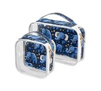 Lot de 2 trousses de toilette de voyage transparentes et décoratives approuvées par la TSA - Motif éléphant FUUNY bleu - Trousse de maquillage transparente pour homme
