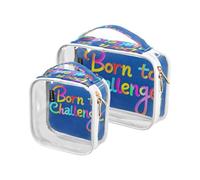 Lot de 2 trousses de toilette décoratives transparentes à suspendre approuvées par la TSA avec mot Born to Challenge - Multifonctionnel - Trousse de maquillage de voyage pour homme - Kit de rasage