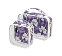 Lot de 2 trousses de toilette décoratives transparentes approuvées par la TSA - Vintage - Fleurs d'iris violettes et blanches - Multifonctions - Petite trousse à maquillage - Conforme aux normes des