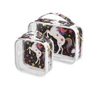 Lot de 2 trousses de toilette décoratives transparentes avec étoiles colorées pour femme, approuvées par la TSA et réutilisables, conformes aux normes des compagnies aériennes, Licornes étoilées