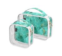 Lot de 2 trousses de toilette transparentes décoratives à suspendre approuvées par la TSA - Texture marbre doré vert pâle - Sac à pinceaux de maquillage transparent - Conforme aux normes des