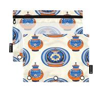 Lot de 2 trousses décoratives bleues et beiges pour classeur à 3 anneaux, fermeture éclair lisse avec fenêtre en PVC transparent pour fournitures scolaires