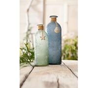 Série 2 vases de déco, couleur bleu et vert, verre satiné avec des tâches blanches, décoré de ficelle de sisal, petites étoiles de mer et de coquillages, ne pas mettre au lave-vaisselle