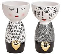 Lot de 2 vases décoratifs matches21 - Visage endormi blanc noir et pendentif en forme de cœur doré - Céramique - Diamètre : 9 x 16 cm