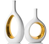 Lot de 2 vases en céramique Or Blanc pour décoration de Style Minimaliste bohémien Moderne - Vases à Fleurs Parfaits pour Le Salon, Le Mariage, Le Bureau et la Chambre à Coucher