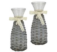 Lot de 2 vases en Verre avec rotin et Dentelle - 21 cm - Style Maison de Campagne - Décoration Rustique - Décoration de Table de Mariage - Nœud pour Fleurs Simples - Vase cylindrique - Vase de Table