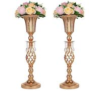 Lot de 2 vases floraux élégants en métal doré avec perles en forme de trompette en cristal, parfaits pour les banquets de mariage, les anniversaires, les fêtes de vacances et autres centres de table