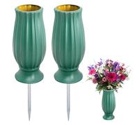 Lot de 2 vases funéraires en plastique avec piquet de terre - Pour cimetière - Résistant au gel - Avec pointes en métal - Pour la réception de bouquets de fleurs - Vert