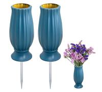 Lot de 2 vases funéraires en plastique avec piquet de terre - Pour cimetière - Résistant au gel - Avec pointes en métal - Pour la réception de bouquets de fleurs - Bleu