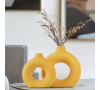 Lot de 2 vases Jaunes en céramique pour décoration d'intérieur, Vase Rond bohème pour décoration d'intérieur, Herbe de la Pampa et Fleurs, Chambre, Table Basse, cheminée, Ferme et centres de Table