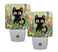 Lot de 2 veilleuses LED à brancher dans le mur, motif chat noir mignon dans des fleurs colorées, lampe de nuit à l'aube pour chambre à coucher, salle de bain, couloir