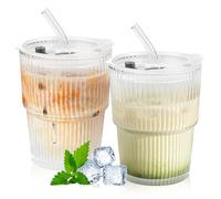 Lot de 2 Verre matcha avec couvercle et paille, 400 ml tasse matcha, Gobelets à smoothie, gobelets à café avec design étanche à l'air pour lait, thé, latte, cocktails, whisky