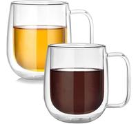 Lot de 2 verres à latte macchiato,Tasses à café en verre double couche avec poignées, 350 ml, isothermes pour Iced Americano,crème glacée, dessert tasses pour café, thé, jus, lait, bière