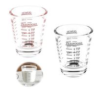 Lot de 2 verres à shot de 30 ml avec 4 échelles de mesure, once, ml, cuillère à café, cuillère à soupe, tasses à expresso en verre robustes pour café, médicaments, cocktails, outils de mesure de