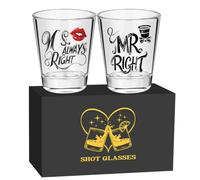 Lot de 2 Verres à Shot Mr Right et Ms. Always Right, 60 ml Verres à Liqueur, avec Boîte Cadeau, pour Tequila, Vodka, Expresso et Desserts, Fête de Mariage, Anniversaire pour Jeunes Mariés et Couples