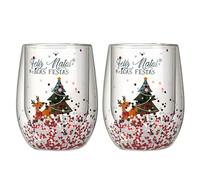Lot de 2 verres à vin sans pied soufflés à la main en borosilicate à double paroi pour vin rouge et blanc, décoration de vacances de Noël, gobelet pour fête (elk, 2pcs)