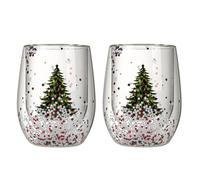 Lot de 2 verres à vin sans pied soufflés à la main en borosilicate à double paroi pour vin rouge et blanc, décoration de vacances de Noël, gobelet pour fête (christmas tee, with lights)