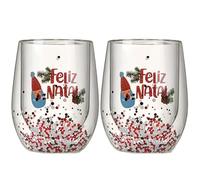 Lot de 2 verres à vin sans pied soufflés à la main en borosilicate à double paroi pour vin rouge et blanc, décoration de vacances de Noël, gobelet pour fête (snowmen A, 2pcs)