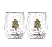 Lot de 2 verres à vin sans pied soufflés à la main en borosilicate à double paroi pour vin rouge et blanc, décoration de vacances de Noël, gobelet pour fête (christmas tree B, 2pcs)