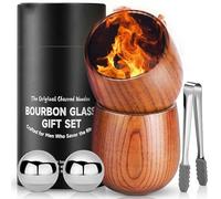 Lot de 2 verres à whisky en bois carbonisé avec 2 pierres de refroidissement en acier inoxydable et clip | Cadeaux uniques faits à la main pour homme, papa, anniversaire de mariage - 230,2 g
