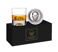 Lot de 2 verres à whisky en forme de tête de mort soufflés à la main dans une boîte cadeau - Verres à whisky de 250 ml pour whisky, cocktail, rhum, cadeau parfait pour Halloween, Noël, action