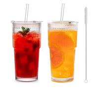 Lot de 2 verres de 600 ml avec couvercles et pailles en verre, verres à smoothie hermétiques et étanches, tasses de voyage, tasses à café glacé, verres nervurés pour whisky, cocktail, bière, boissons
