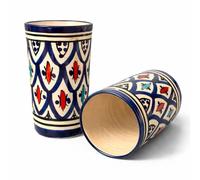 Lot de 2 verres en céramique marocaine peints à la main artisanaux orientaux pour thé à la menthe et au café - Décoration maison ethnique style berbère h.11 cm Ø7 cm - Design géométrique traditionnel