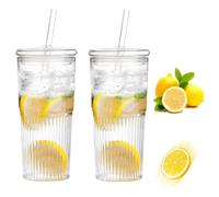 Lot de 2 verres en verre de 600 ml avec couvercle et paille pour smoothies, jus, café