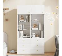 lot de 2 Vitrine bibliothèque blanche 100×40×180cm, meuble rangement avec tiroirs et étagères verre réglables