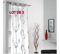 Lot de 2 voilages a oeillets 140x240 voile imprime transfert looping Blanc/Noir Douceur d'Intérieur Blanc