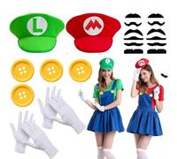 Lot de 20 accessoires de costume d'Halloween frères rouges et verts comprenant des chapeaux rouges et verts, des gants blancs, des moustaches et des boutons jaunes pour le jeu sur le thème du jeu, le