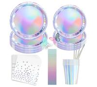 Lot de 20 assiettes, gobelets et serviettes jetables holographiques irisés pour fête d'anniversaire et de mariage sur le thème de la sirène disco