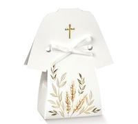 Lot de 20 boîtes en forme de tunique blanche porte-dragées pour communion avec carte imprimée offerte 12872