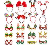 Lot de 20 cadres de lunettes de Noël, 12 lunettes de Noël, 8 couvre-chefs de Noël, 20 chapeaux mignons pour sapin de Noël, renne, elfe, Père Noël, accessoires de décoration pour photomaton de Noël