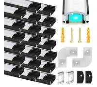 Lot de 20 canaux LED en aluminium noir, 1 m, diffuseur de bande LED en forme de U avec couvercle blanc laiteux, embouts, clips de montage, connecteurs extrudés à 90 degrés pour bandes lumineuses LED