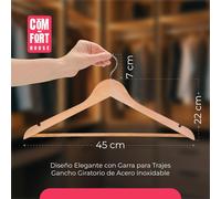 Lot de 20 cintres en Bois Massif Noir avec Crochet pivotant à 360° et encoches antidérapantes-avec Barre pour Pantalons-Haute résistance- Naturel