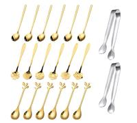 Lot de 20 cuillères à fleurs dorées en acier inoxydable, cuillères à café créatives mignonnes avec mini pinces à sucre, cuillère à dessert pour gâteau pour crème glacée, mélange de boisson, confiture