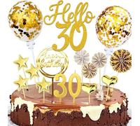 Lot de 20 décorations de gâteau d'anniversaire dorées « Alles Gute » avec paillettes, bougies, confettis et éventails - Décoration de fête pour homme/femme (doré 30th)