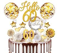 Lot de 20 décorations de gâteau d'anniversaire pour 60 ans - Pour femme et homme - Doré - Avec bougies d'anniversaire - Pour 60 ans