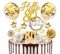 Lot de 20 décorations de gâteau dorées Hello 80 avec bougies d'anniversaire, pour 70e anniversaire