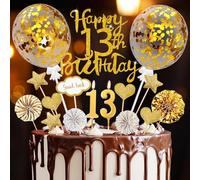 Lot de 20 décorations de gâteau dorées pour 13e anniversaire fille garçon adolescent officiel Happy 13th Birthday avec bougies d'anniversaire, décoration de gâteau 13 ans