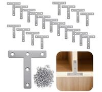 Lot de 20 équerres d'angle en forme de T, plaques d'angle plates 3,1 x 3,1 avec 100 vis, connecteurs de renfort de meubles robustes