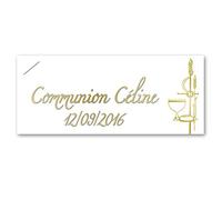 lot de 20 ETIQUETTES RECTANGULAIRES CARTONNEES avec fente version COMMUNION OR avec votre texte pour communion couleur or et blanc- ballotin à dragées design et moderne