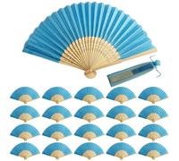 Lot de 20 éventails en vrac, élégants éventails de mariage pour invités, pliables à main, en soie, avec poignées en bambou et sac rangement pour mariage/fête/bricolage, éventail pliable bleu lac
