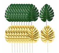 Lot de 20 feuilles de palmier artificielles Monstera - Feuilles tropicales dorées avec tiges pour fête hawaïenne, plage, fête prénatale, anniversaire, mariage, Luau